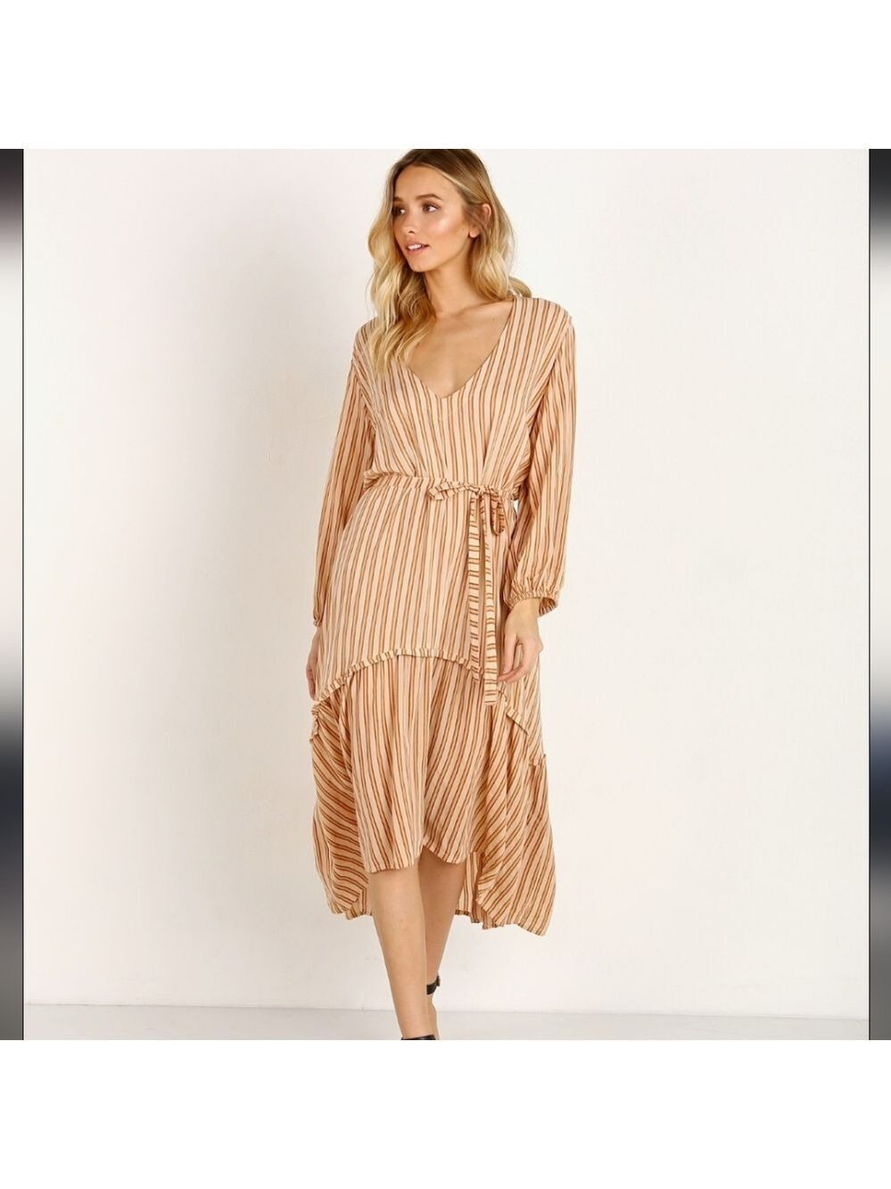 Faithfull The Brand Matilda Peasant Dress Almeria Stripe Pink Boho Midi Oversize